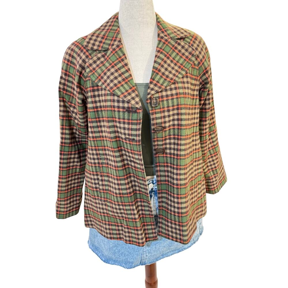 Vintage Pendleton Plaid Wool Button Up Jacket Orange Green Brown Size 10 - Picture 6 of 12